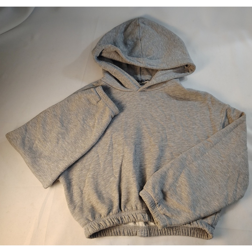 Zara Womens Small Gray Cropped Elastic Hem Hooded‎ Sweatshirt Heathered Athletic